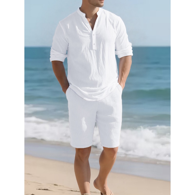 Mens Linen Shirt Long Sleeve - Erkek Beyaz Keten Karışımlı İki Parçalı