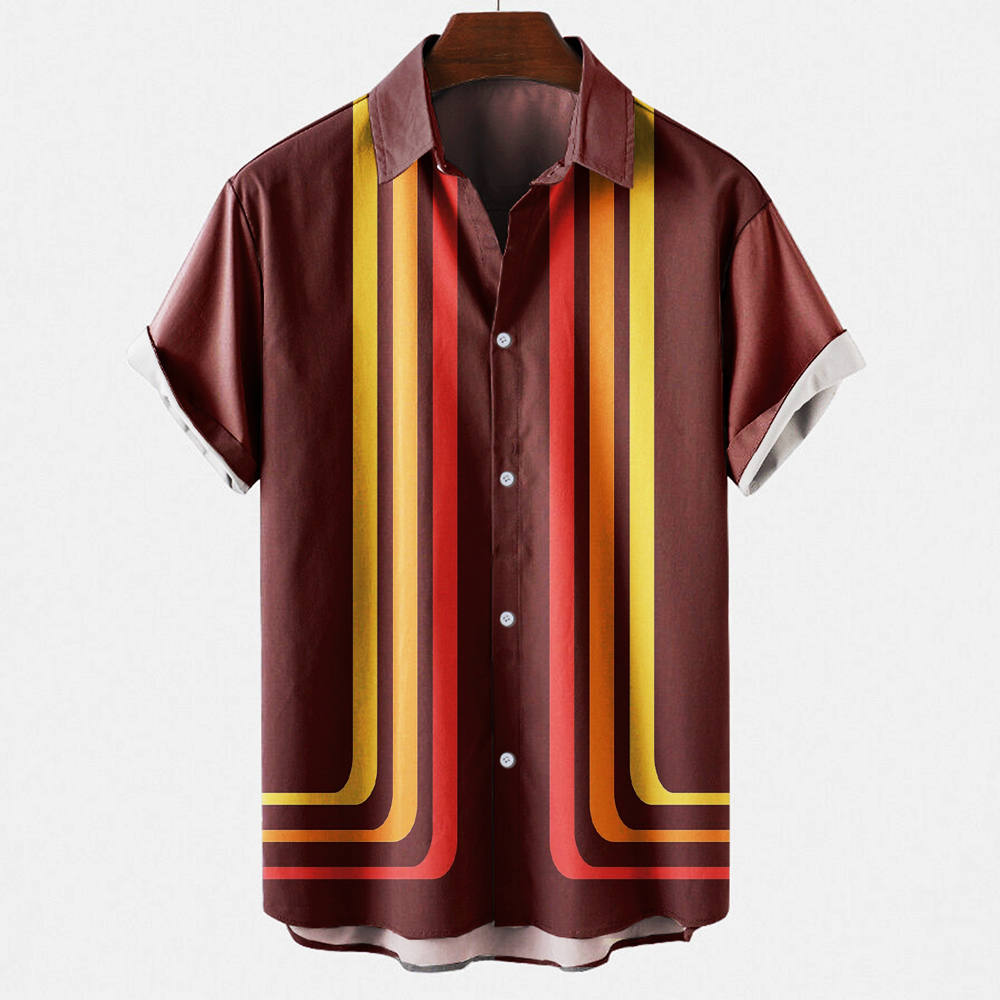 Short Sleeve Bowling Shirt Retro - Erkekler için Vintage Retro Çizgili Renk