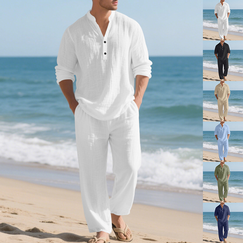 Mens Linen Shirt Long Sleeve - Keten Sonbahar Yeni Erkek Takımı Plaj